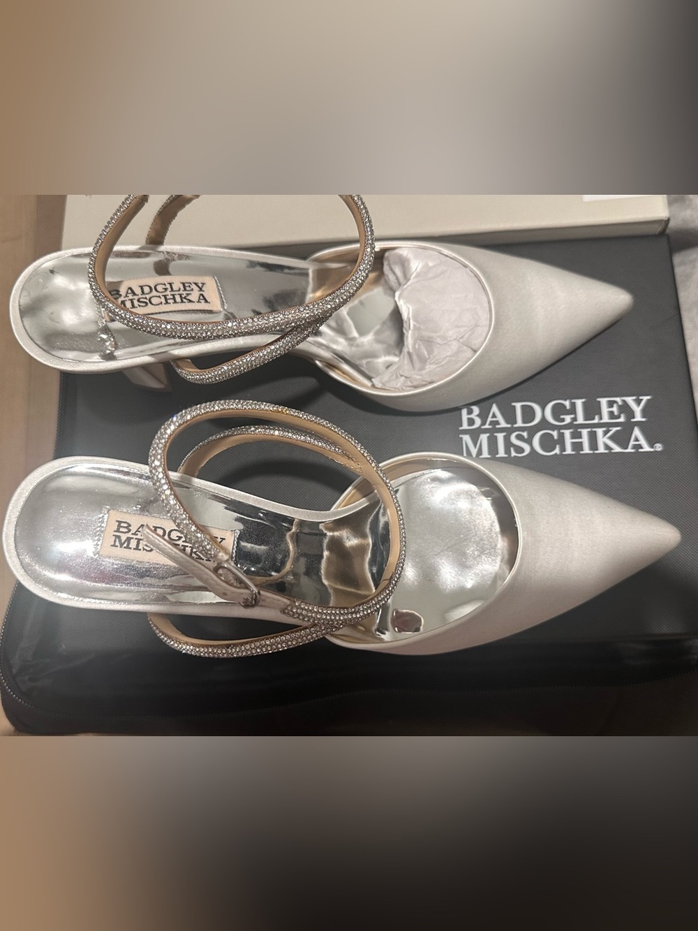 Badgley Mischka Ivory Satin Pointed-Toe Ankle-Strap Heels with Crystal Strap - Picture 3 of 5